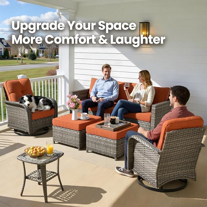 6 Piece Wicker Patio Furniture with Swivel Rocker Chair, Orange | High Back Swivel Rocker Chairs, Outdoor Sofa Ottoman, Heavy Duty, All Weather Rattan Modern Conversation Sets, Deck Backyard