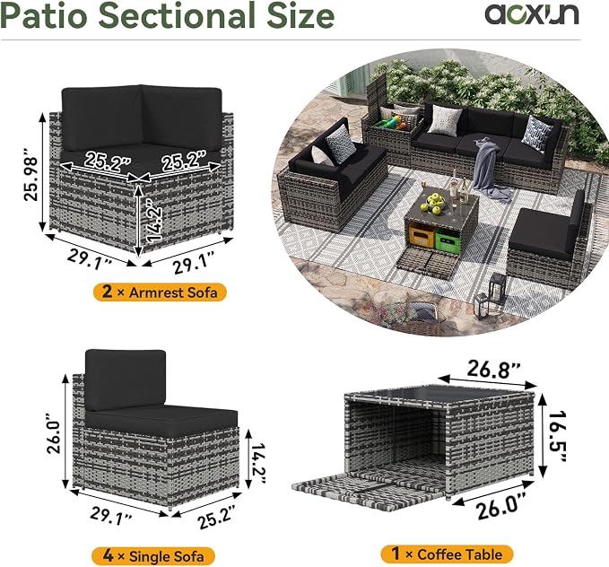Aoxun 7 Piece Patio Furniture Set, All-Weather Wicker Outdoor Furniture 6 Seats Patio Conversation Sets with Storage Coffee Table, Outdoor Sectional Sofas for Backyard Garden(Grey/Black)
