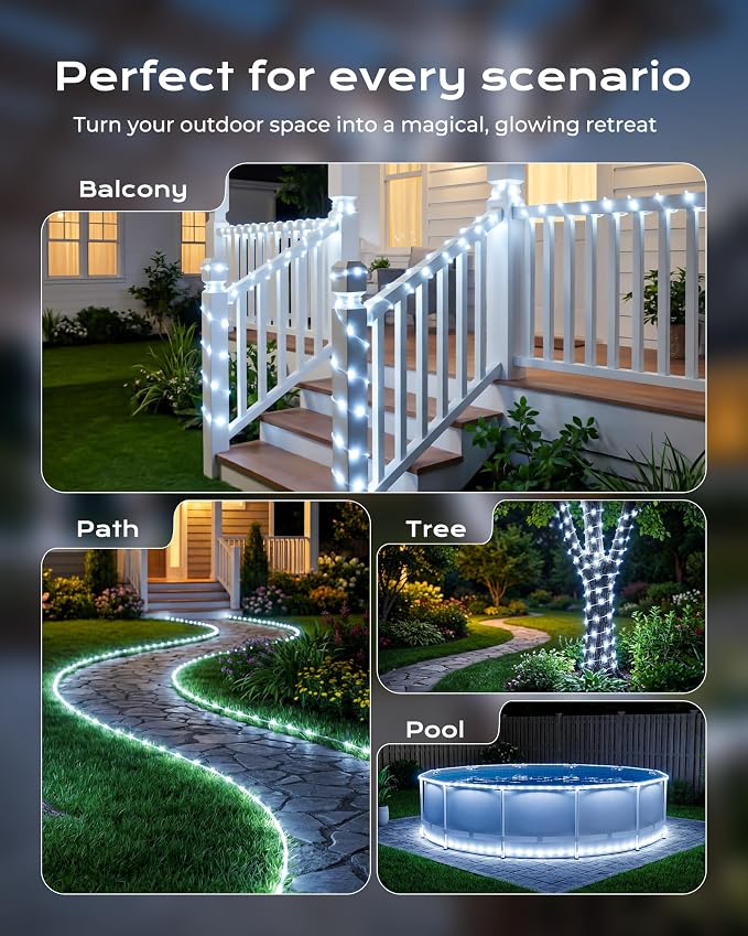 Brightown 2 Pack Total 78FT 200LED Pure White Solar Rope String Lights | IP65 waterproof solar fairy lights with 8 lighting modes, solar powered, perfect decor for yard, garden and outdoor tree