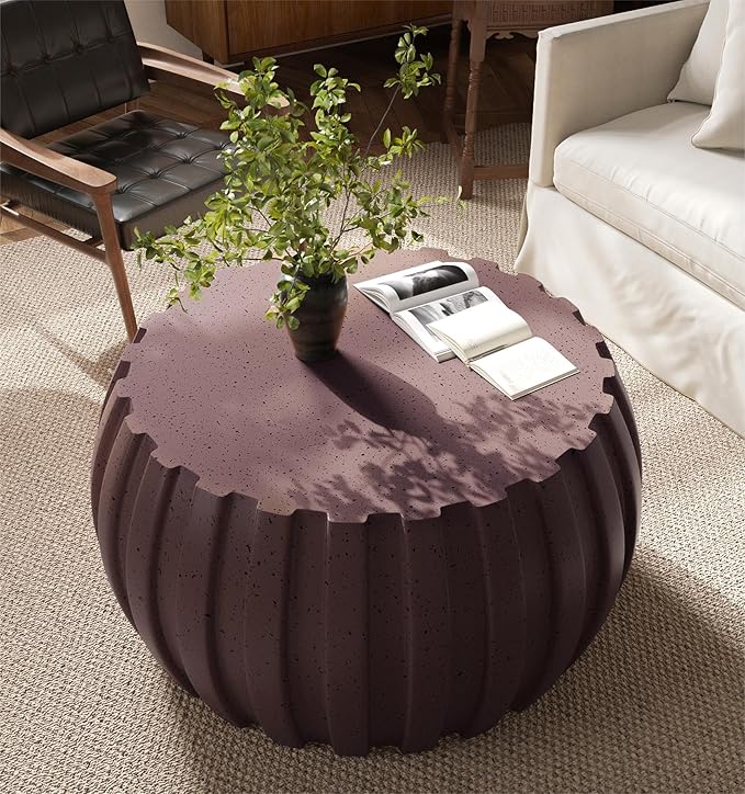 35.43" Concrete Outdoor Table,Modern Round Stone Coffee Table,Waterproof Outdoor Coffee Table for Patio for Terraces, Gardens, Backyards and Living Rooms (Brown, 35.43")