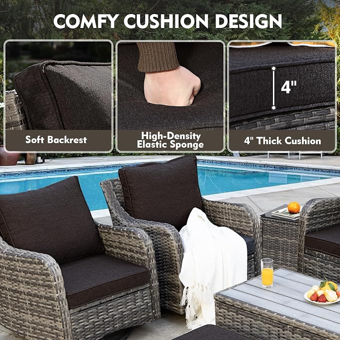 MEISSALIVVE 8 Pieces Patio Furniture Set with Swivel Chair, Wicker Patio Sofa, Rattan Conversation Set with Three-seat Sofa, 2 Fixed Single Chair for Lawn Backyard (Black)