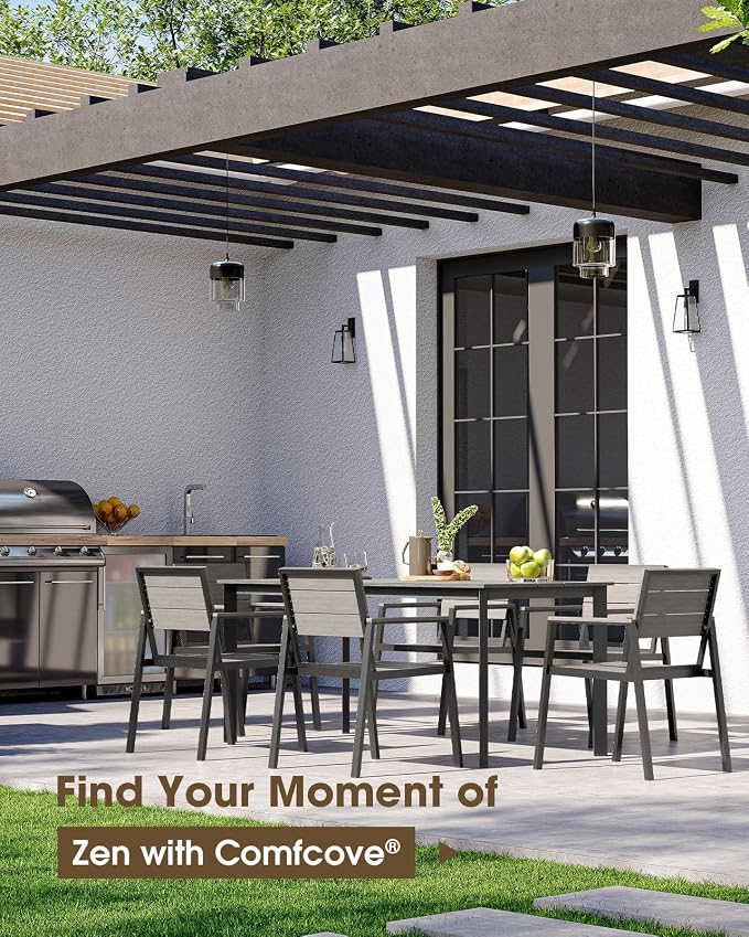 Outdoor Dining Table, Aluminum Patio HDPS Outdooor Table with Umbrella Hole, All Weather Patio Furniture Set, Patio Dining Table ((Classic Gray)