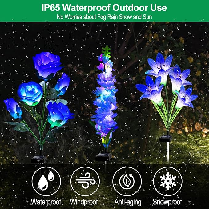 MRHEPHAESTUS Solar Garden Lights Waterproof, 3 Pack Solar Flowers Lights Includes Lily Rose Delphinium, Gardening Gifts for Mom Grandma Women,7-Color Changing Outdoor Decor for Garden Yard Patio Lawn