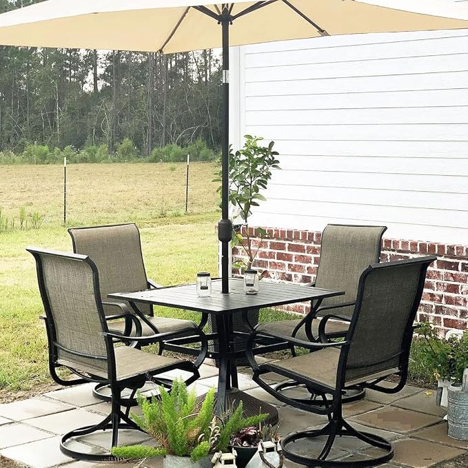 PHI VILLA 5 Pcs Patio Dining Set for 4, Swivel Mesh Chairs, Brown | 4 textilene dining chairs. 37" metal square table with umbrella hole, all weather E-coated metal frame for outdoor deck lawn