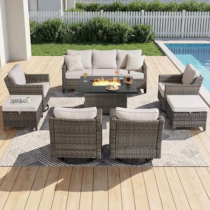 Luxury Patio Furniture Sofa Set - 8 Pieces All Weather Wicker Outdoor Couch and High Back Swivel Rocker Patio Chairs with fire Pit for Deck Yard and Poolside Gray Wicker | Beige Cushions