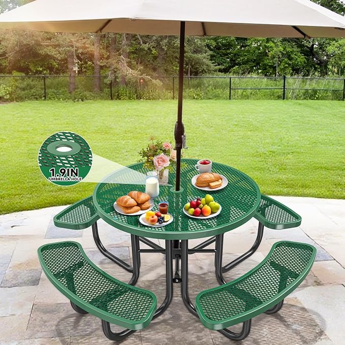 46IN Round Outdoor Picnic Table with Attached Seats, Heavy-Duty Metal Expanded Mesh Patio Table, 1600LBS Load Capacity Commercial-Grade Table for Park, Backyard, Deck, Green