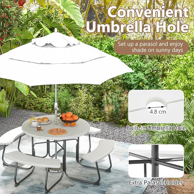 COSTWAY Round Picnic Table with Umbrella Hole, Outdoor Picnic Table with Bench Set for 4-8 People, HDPE Tabletop, Patio Dining Furniture Set for Family Gatherings, BBQ Party, Backyard (White)
