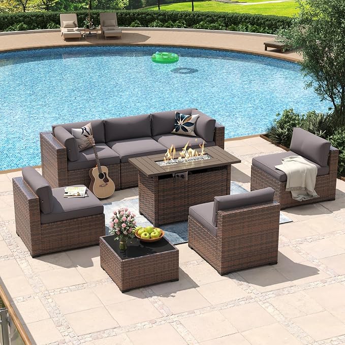 Aoxun 8 Piece Patio Furniture Set with 44” Fire Pit Table Wicker Rattan Outdoor Sectional Sofa Set with Coffee Table and Thickened Cushions, Gray