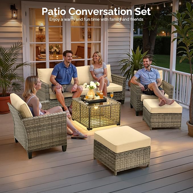 6 Piece Wicker Patio Furniture Set with Solar Table, Beige | Outdoor Deep Seating Sofa Chair Ottoman, Solar Lights Table, All Weather Rattan, Modern Conversation Set, Porch Deck Backyard