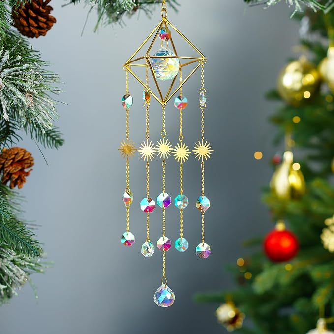 17''Crystal Prisms Suncatcher for Window Hanging Sun Catcher Indoor Window | Small Gold-Plated,Crystal Wind Chimes,Rainbow Maker,Whimsical Decor,Home Garden Christmas Tree Decoration,gift For Women Mom