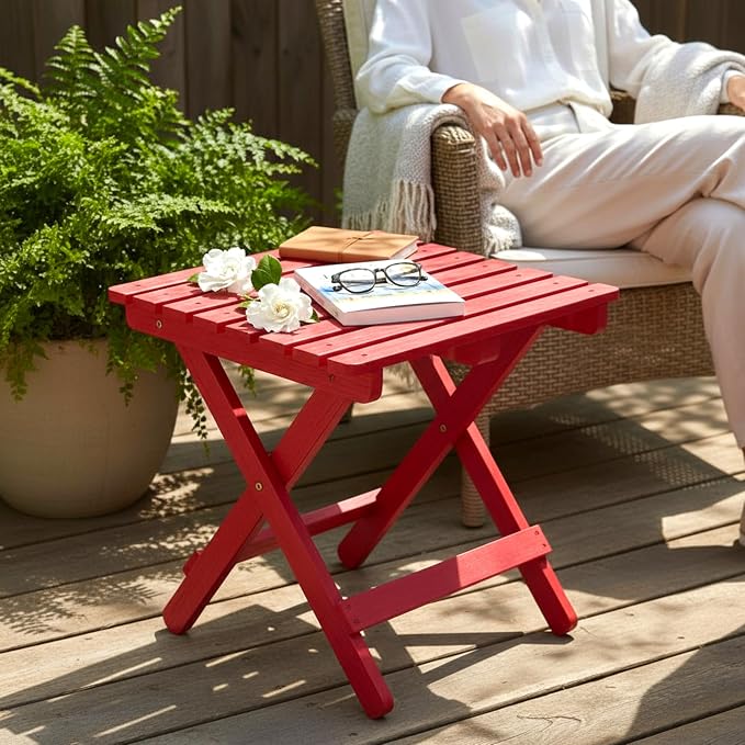 Shine Company Square Wooden Folding Solid Wood Side Table, Outdoor Adirondack Small Patio Table, Chili Red