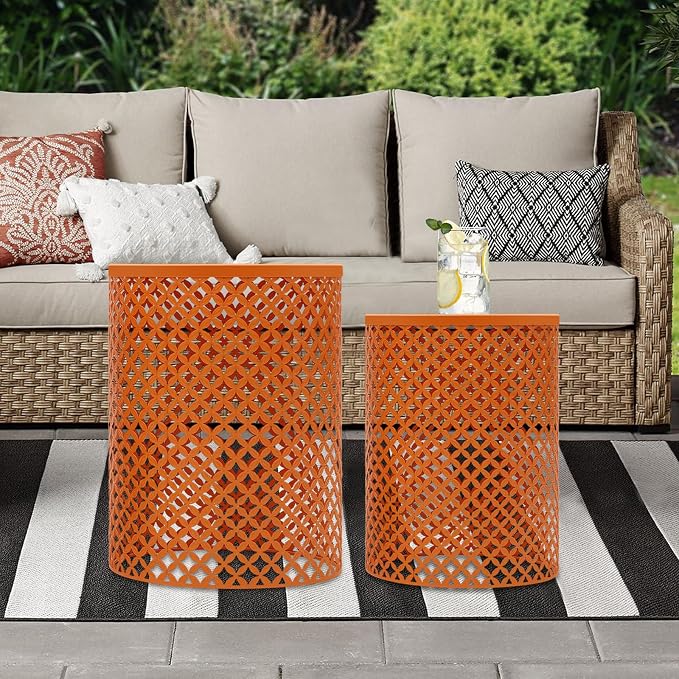 2PCS Outdoor Side Table, Modern End Table Cylindrical Metal Frame Accent Table, Metal Frame Accent Table for Gardens, Balconies, Bedrooms, Living Rooms (Orange)