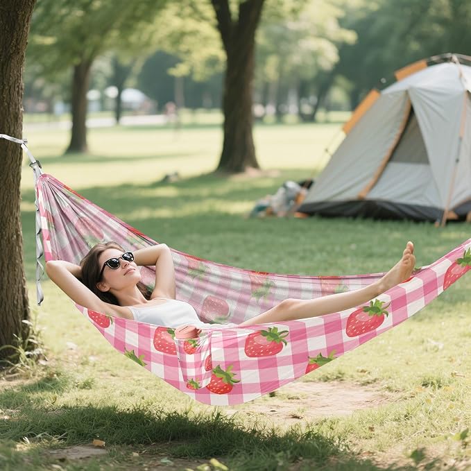 Camping Hammock Outdoor Hammocks for Outside Strawberry Pink Checkered Beach Trees Portable Lightweight with Pockets Tree Straps Indoor