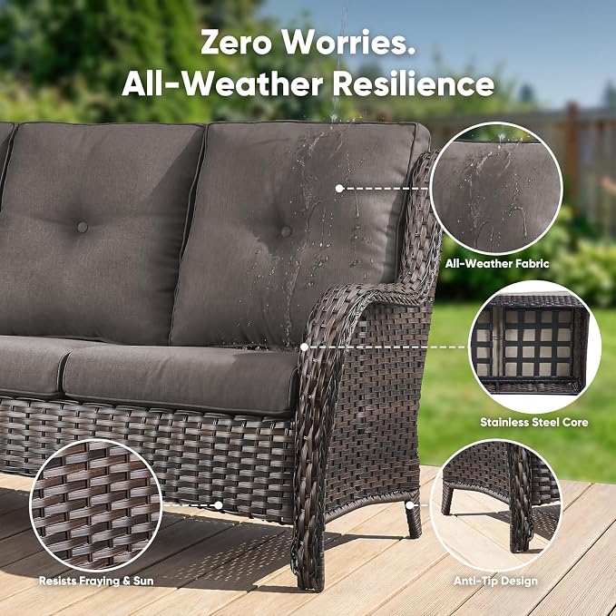 Belord 7 Piece Wicker Patio Furniture Set, Outdoor Swivel Rocker Chairs Set of 2 with Ottomans, 3 Seat Sofa and Loveseat, All Weather Patio Conversation Furniture Set, for Pool,Yard Brown Wicker/Gray