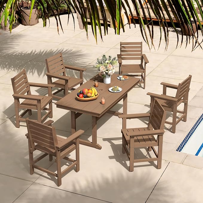 5 Piece Patio Dining Set, 66" Rectangle HDPS Weather Resistant Outdoor Table & 4 Patio Chairs Set with 1.96" Umbrella Hole, Heavy Duty Chairs for Backyard Balcony Deck, Brown