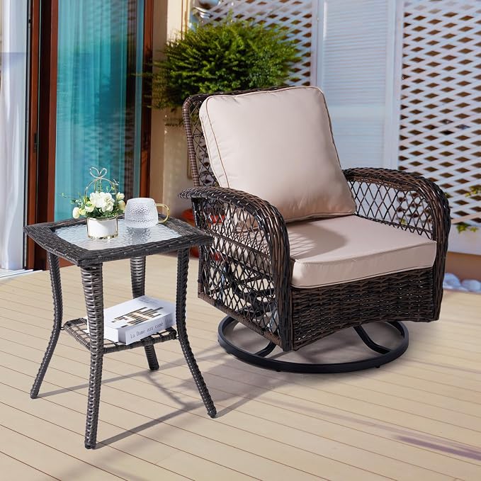 Outvita Rattan Outdoor Side Table with Glass Top & Storage Shelf | Small patio end coffee table, multi-scene furniture for porch, backyard, balcony and indoor living room use