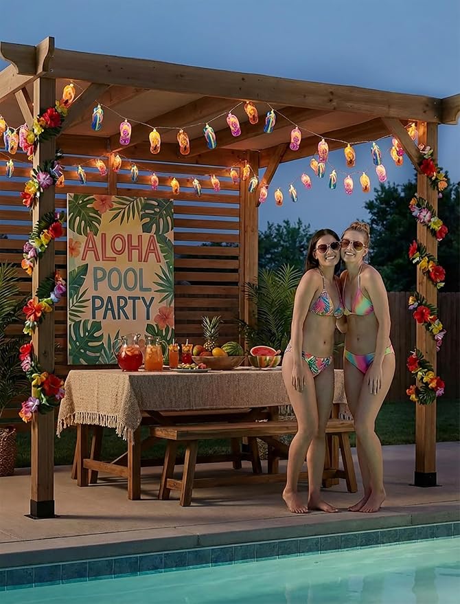 8.5Ft Summer Beach Themed Outdoor Lights, 10L LED Flips Flops String Lights | Plug in Waterproof for Indoor and Outdoor Holiday Summer, Beach Tent, Luau Aloha Hawaiian Tropical Camping Party Décorations