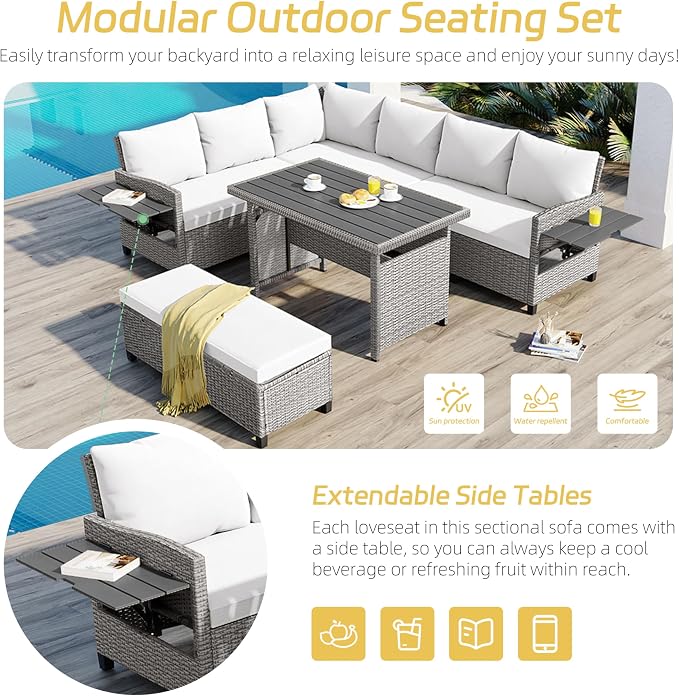 GDFStudio Brava Patio 5-Piece Conversation Set, Outdoor Rattan Sectional Sofa Set with Extendable Side Tables, Dining Table and Bench, L Shaped PE Wicker Furniture Set for Garden, Poolside, White