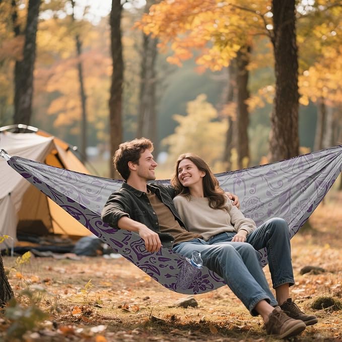Grey Purple Pattern Camping Hammock, 330lbs Load Capacity, Comfortable Portable Hammock with Tree Straps for Outdoor, Backyard, Beac