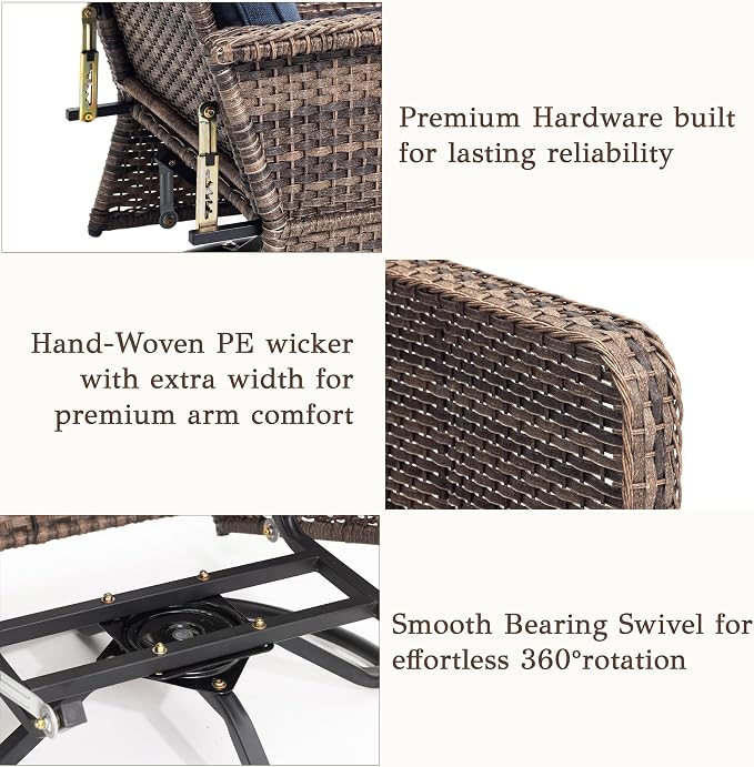 Outdoor Swivel Recliner Chair Set of 3 - Ergonomic Reclining Patio Chair with Adjustable Backrest and Footrest, All-Weather Wicker Chaise Lounge Outdoor with Side Table