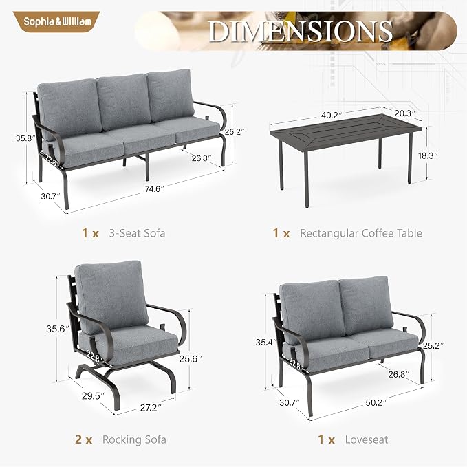 Sophia & William Patio Conversation Set for 7, 1 Loveseat, 3-Seater Sofa, 2 Rocking Chairs and a Coffee Table, Metal Outdoor Furniture with 5.75" Extra Thick Cushions, Grey