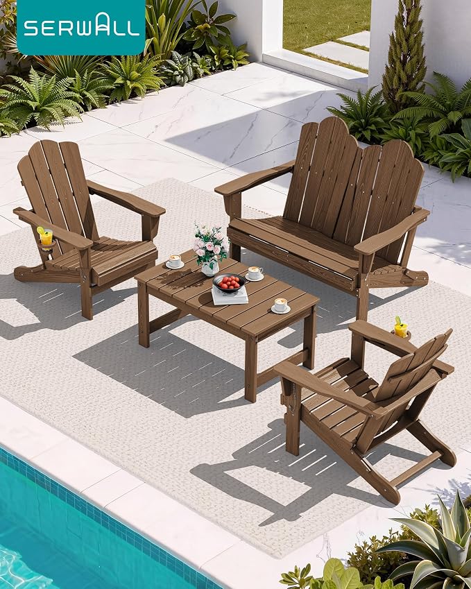 SERWALL Outdoor Coffee Table with 1.69" Umbrella Hole, HDPE Patio Coffee Table for Outside, Rectangle, Brown