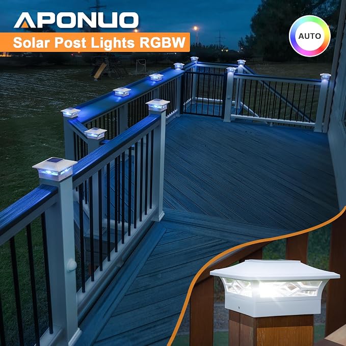 APONUO Solar Post Cap Lights with 8 RGB Colors and Multicolor Flow, Ultra-Bright Clear Lens, IP65 Waterproof for 4x4 5x5 6x6 Wood & Vinyl Fence Posts, 4 Pack White