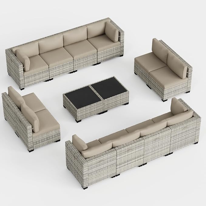 14-Piece Outdoor Patio Furniture Set, PE Wicker Rattan Sectional Sofa Conversation Set with Tempered Glass Table & Thick Cushions - All-Weather Garden, Backyard Furniture, Beige