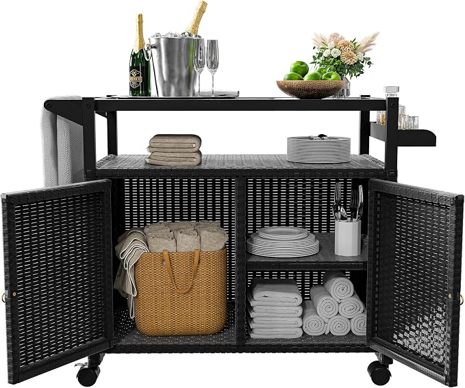 Xilingol Outdoor Bar Table, Wicker Bar Cart with Cabinet, Patio Serving Cart with Tempered Glass Top, Lockable Wheels, Rounded Handle & Side Basket for Garden, Poolside & Backyard, Black