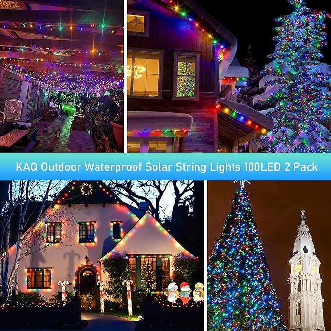 KAQ 2pack 200LED Solar String Lights Outdoor Waterproof Multicolor | Total 66FT Flexible Wire With Bright LEDs, 8 Twinkle Modes with Memory, Auto On/Off Easily Decorates Trees, Fences, Garden
