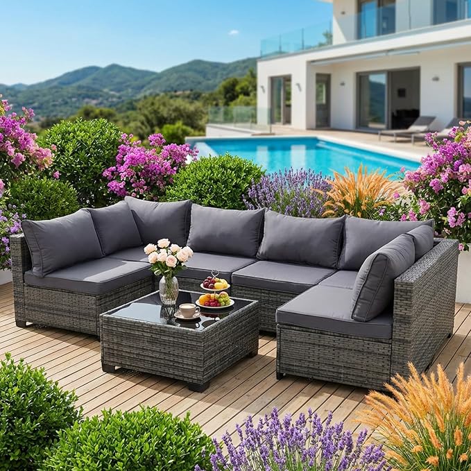 7 Piece PE Rattan Sectional Patio Furniture Set, Gray | All Weather Outdoor Conversation Sofa Set with Coffee Table & Thick Cushions, Ideal for Backyard Porch Garden