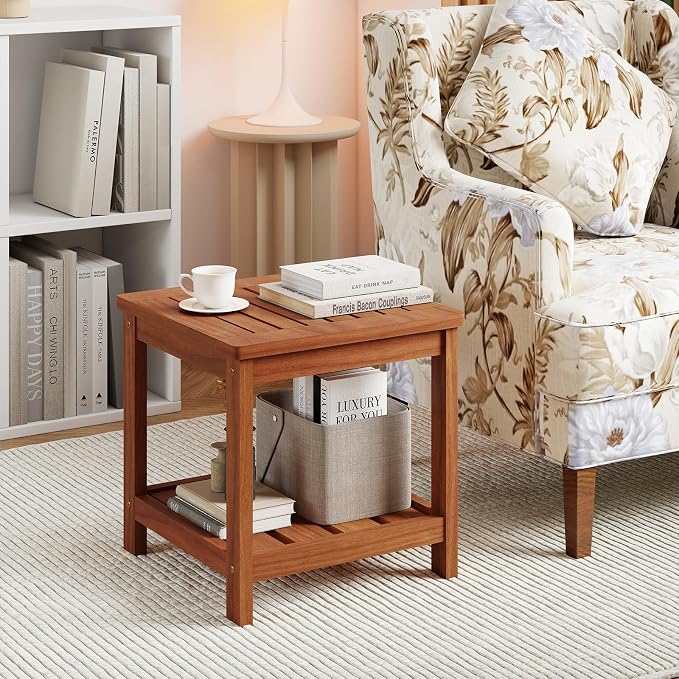 Tangkula Outdoor Side Table, 2-Tier Solid Wood Patio Table with Slatted Tabletop & Storage Shelf, Indoor Outdoor Square Small End Table for Patio, Garden, Yard, Porch, Living Room (1)