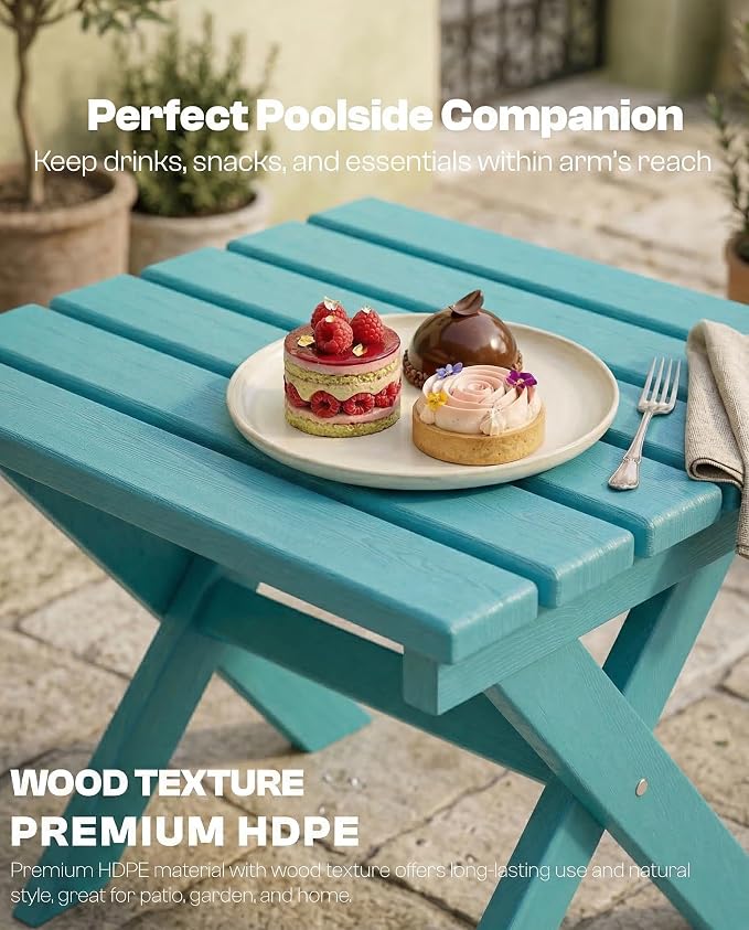 Outdoor Folding Side Table,HDPE Material, Portable Space-Saving Design, Weather-Ready with Authentic Wood-Grain Feel (Aruba Blue, 1 Table)
