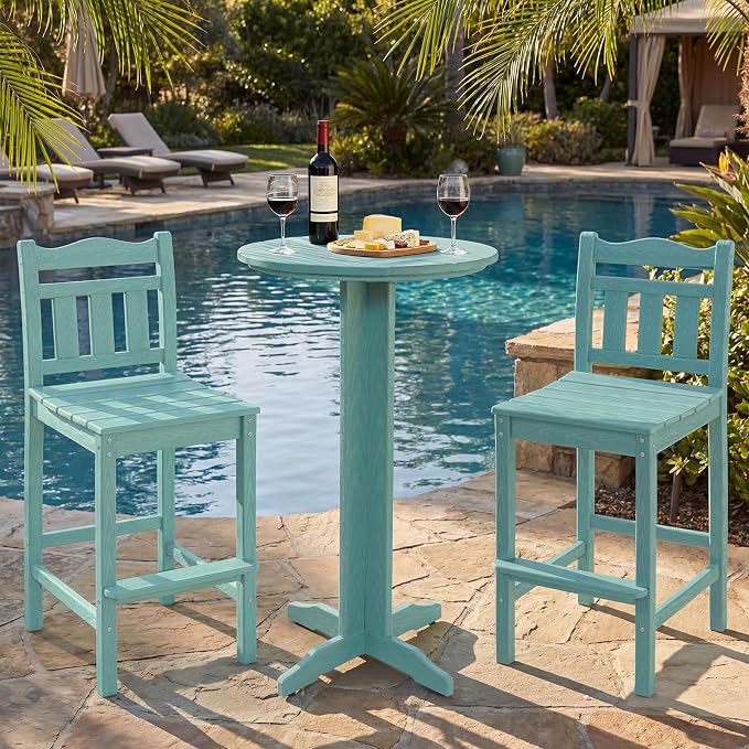 Outdoor Bar Stools Set of 2, HDPE Tall Adirondack Bar Chairs 27.5 Inch Seat Height w/Backrest, All Weather Patio Bar Height Chairs for Bistro Balcony Deck Poolside (Aruba Blue)