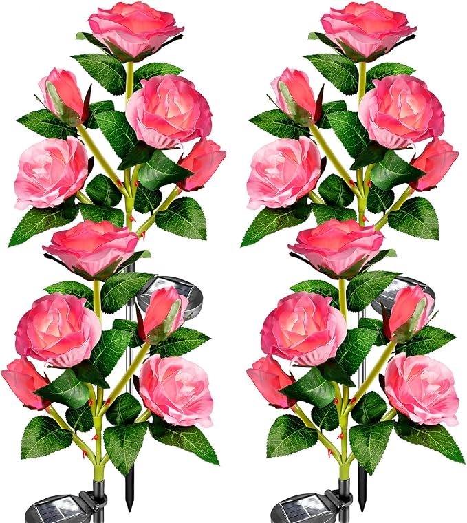Anordsem Solar Garden Lights Outdoor: Waterproof Fabric Roses - Red LED Flower Decorations for Yard Patio Path Cemetery Grave - Birthday Gifts for Women Mom Wife - 4 Pack Pink