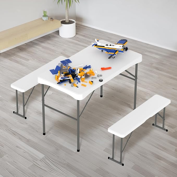 VINGLI Picnic Table Set with 2 Benches, 6 Feet Camping Table Chair Set, Heavy-Duty HDPE Material with Metal Frame, 3-Piece Folding Furniture for Indoor or Outdoor Use (3.5ft White)