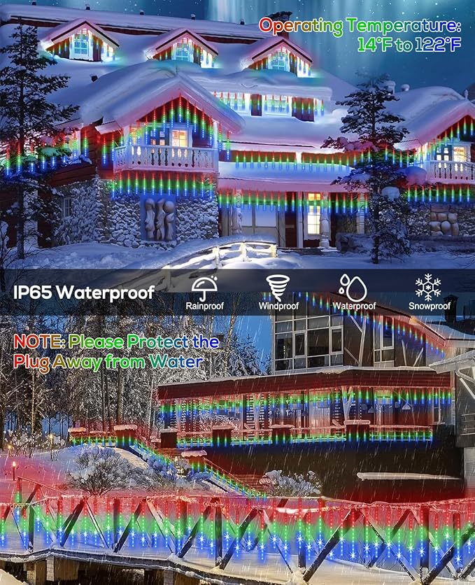 Meteor Shower Rain Lights 12 in 10 Tubes Drop Icicle Snow Falling Raindrop Cascading Light for Wedding Party Christmas Light Outdoor, Shine Colorful