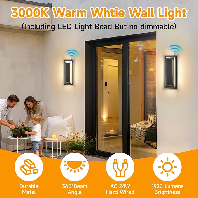 Dusk to Dawn Outdoor Wall Sconce,Outdoor Light Fixtures,16 in,24W | Black, Modern Square Exterior Lights Wall Mount For House,Garage ,Porch,Patio, With 3000K Warm White LEDs,Waterproof ,2 Packs