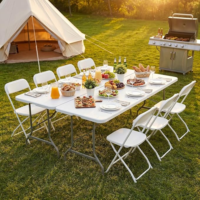 DUMOS 6 Feet Folding Picnic Table, Plastic Table with Carrying Handle, Heavy Duty Portable Table for Camping Party, White