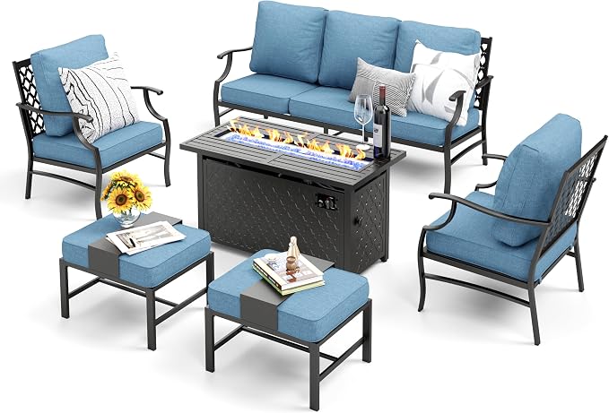 MIXPATIO Patio Furniture Set, 6 Pcs Metal Outdoor Conversation Set, 2 Single Chairs, 2 Ottomans and 3 Seater Sofa with 5.75" Extra Thick Cushion and Gas Fire Pit Table, Navy Blue