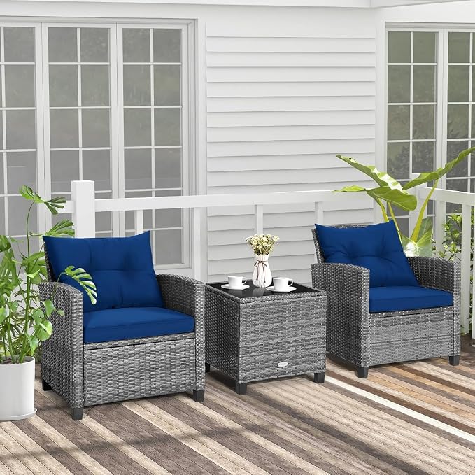 LDAILY Patio Furniture Set, 3 Pieces PE Rattan Wicker Patio Sofa Chairs with Washable Cushion & Glass Table, Outdoor Furniture Conversation Sets for Porch, Balcony, Garden, Poolside (Navy)