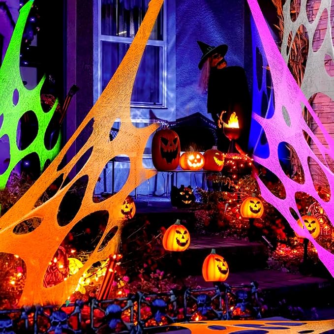 Glow in the dark 1300 Sqft 5 colors Uncut Giant Spider Web Cowebs Halloween Decorations Outdoor with 1 Black Light &10 Ground Nails Stretchy Beef Cloth Netting DIY Flexible for Yard Party Decor
