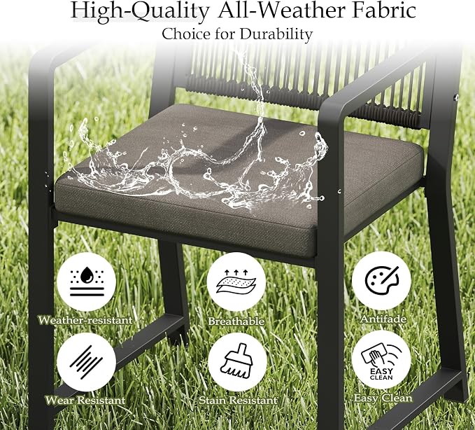 Outdoor Patio Wicker Rattan Dining Chairs, Heavy-Duty Wrought Iron Frame Supports 400lbs, Ergonomic Backrest, Detachable Breathable Cushion, for Garden & Porch, Black, Set of 2