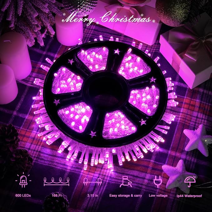 JMEXSUSS 600 LED Pink Christmas String Lights Indoor Outdoor Plug in | 168ft Pink Fairy Lights for Bedroom Romantic Tree Patio Wedding Party Christmas Room Decor, Remote Timer Clear Wire