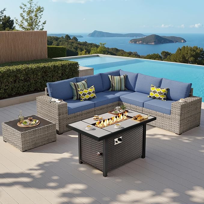 7-Piece Patio Furniture Set, Outdoor Wicker Rattan Patio Furniture Sectional Set with Coffee Table, All Weather Outdoor Fire Pit Conversation Set for Porch Backyard Balcony Garden, Denim Blue
