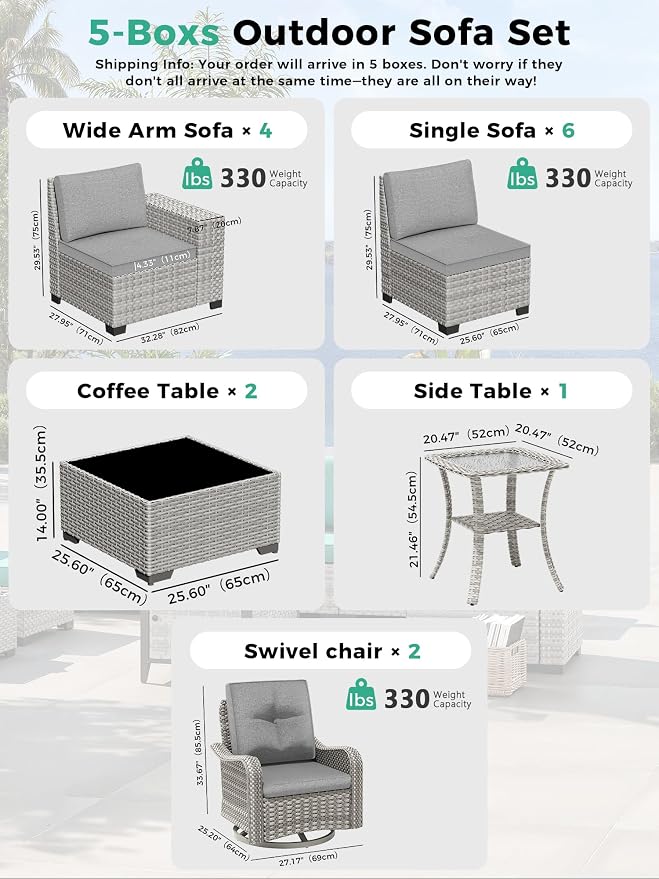 15 Piece Outdoor Wicker Sectional Sofa Set with Swivel Chairs, 12-Seats Patio with 4" Thickened Cushions & Coffee Table, All-Weather PE Rattan for Garden, Backyard, Porch, Gray