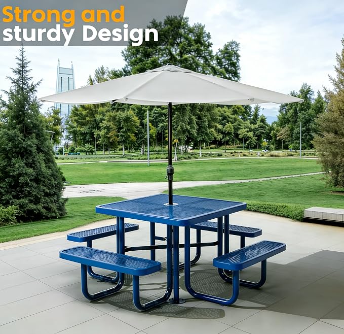 Garvee Heavy Duty Metal Picnic Tables for Outdoors with Umbrella Hole, 46" Square Top Patio Table Coated Steel Commercial Grade Furniture Set Weather & Rust Resistant (Expanded Steel, Black)
