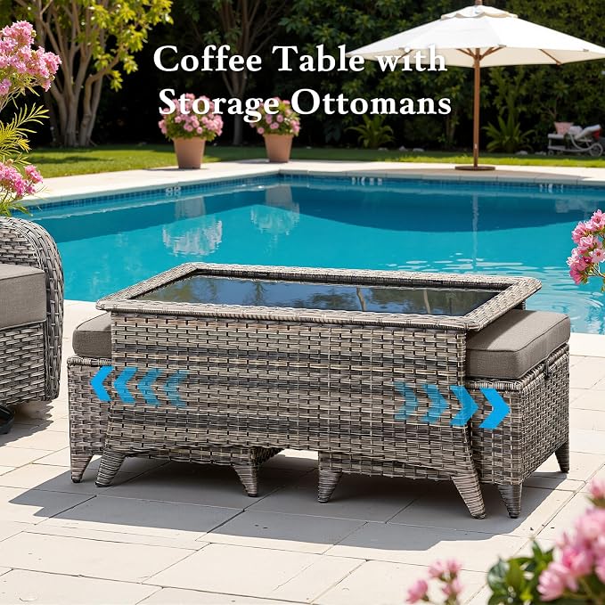 Belord Luxury 6" Thick Cushioned 7 Pieces Patio Furniture Set with Fire Pit Table, Wicker Outdoor Conversation Set with High Back Swivel Rocker Chairs for Deck Porch Yard and Poolside - Grey+Grey