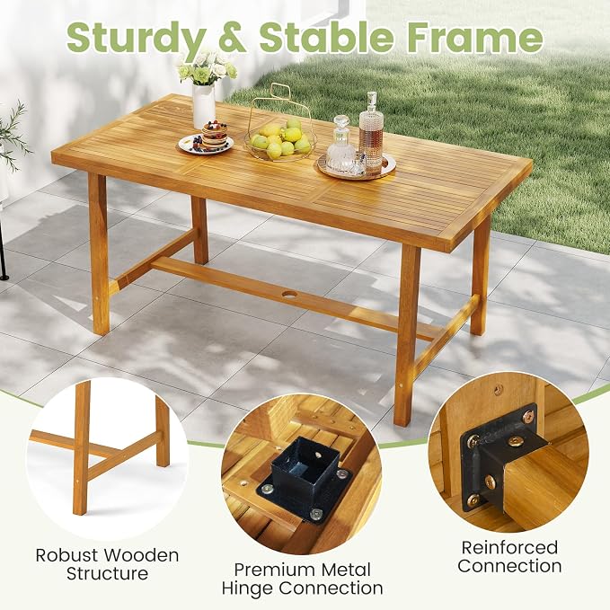 HAPPYGRILL Outdoor Acacia Wood Dining Table 63”, Patio Wooden Table for 6, with Slatted Tabletop, 1.97” Umbrella Hole & Cover, for Backyard, Deck, Porch