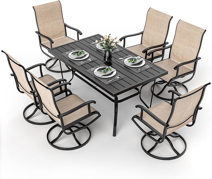 7-Piece Outdoor Dining Set, Patio Furniture Set with Textilene Swivel Chairs,Outdoor Table & 6 Chairs for Garden, Backyard, Poolside, Deck, Beige